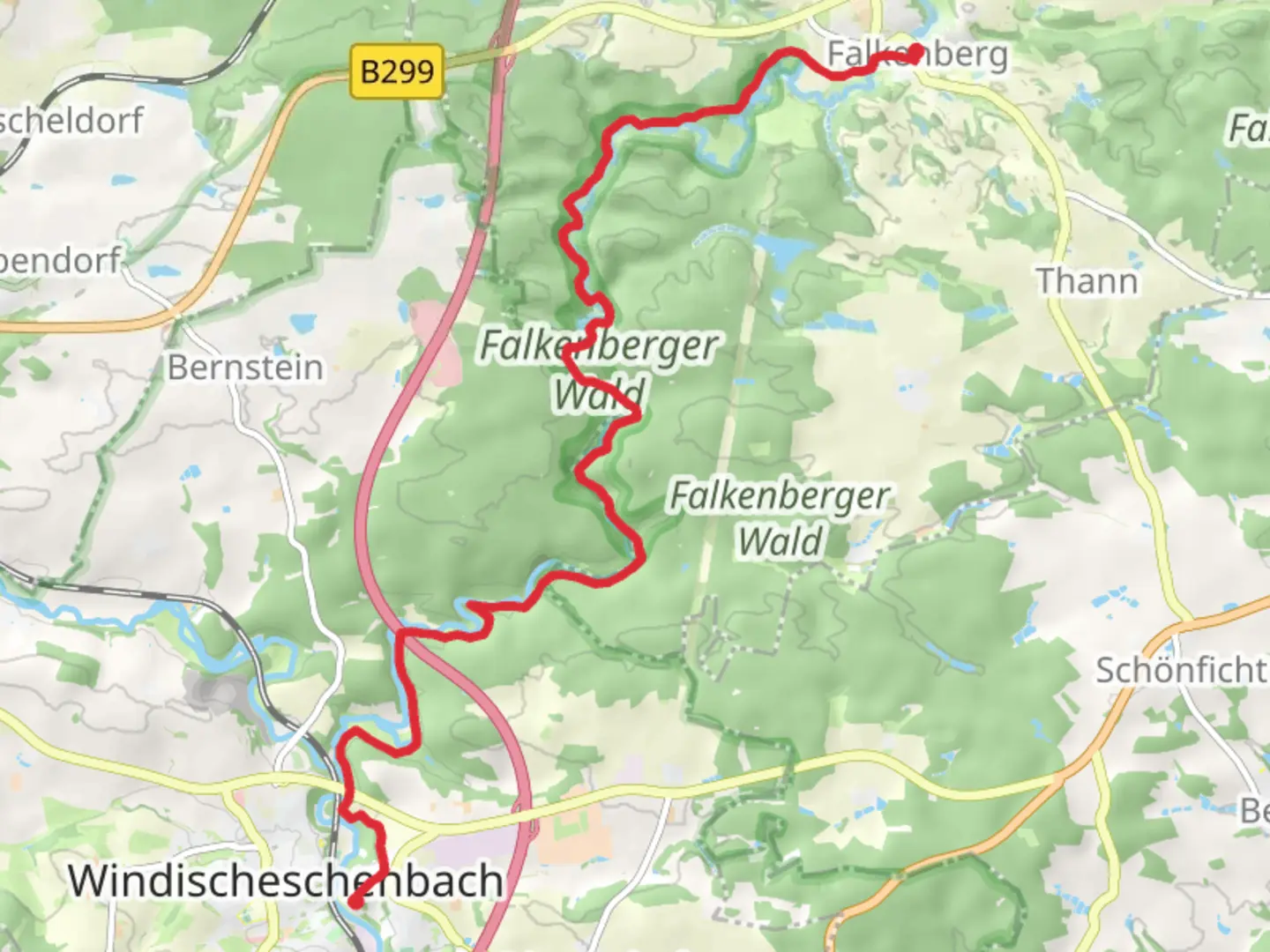 An image depicting the trail Falkenberg to Windischeschenbach Walk via Burgenweg and its surrounding area.