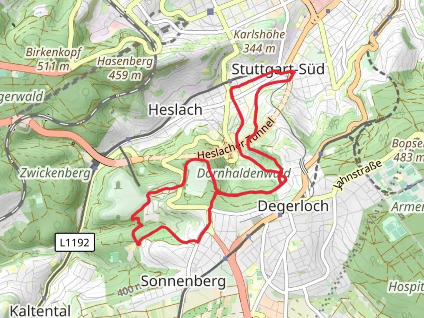 An image depicting the trail Kellerbrunnenweg and Dornhaldenweg Loop and its surrounding area.