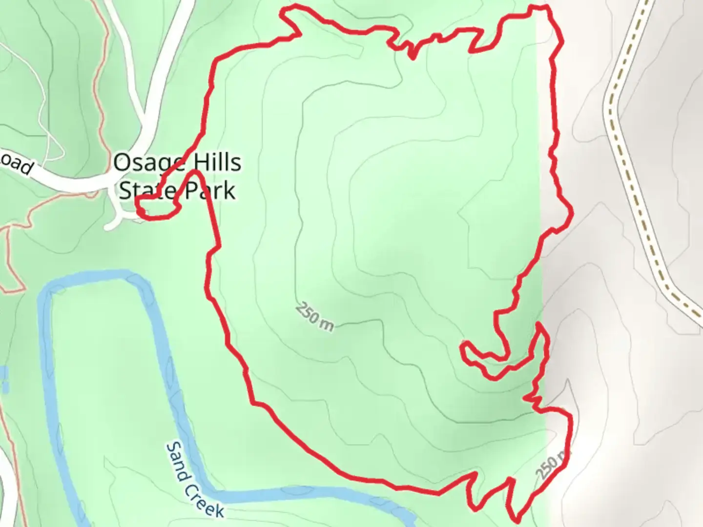 An image depicting the trail Red Loop Trail from Osage Hills State Park and its surrounding area.