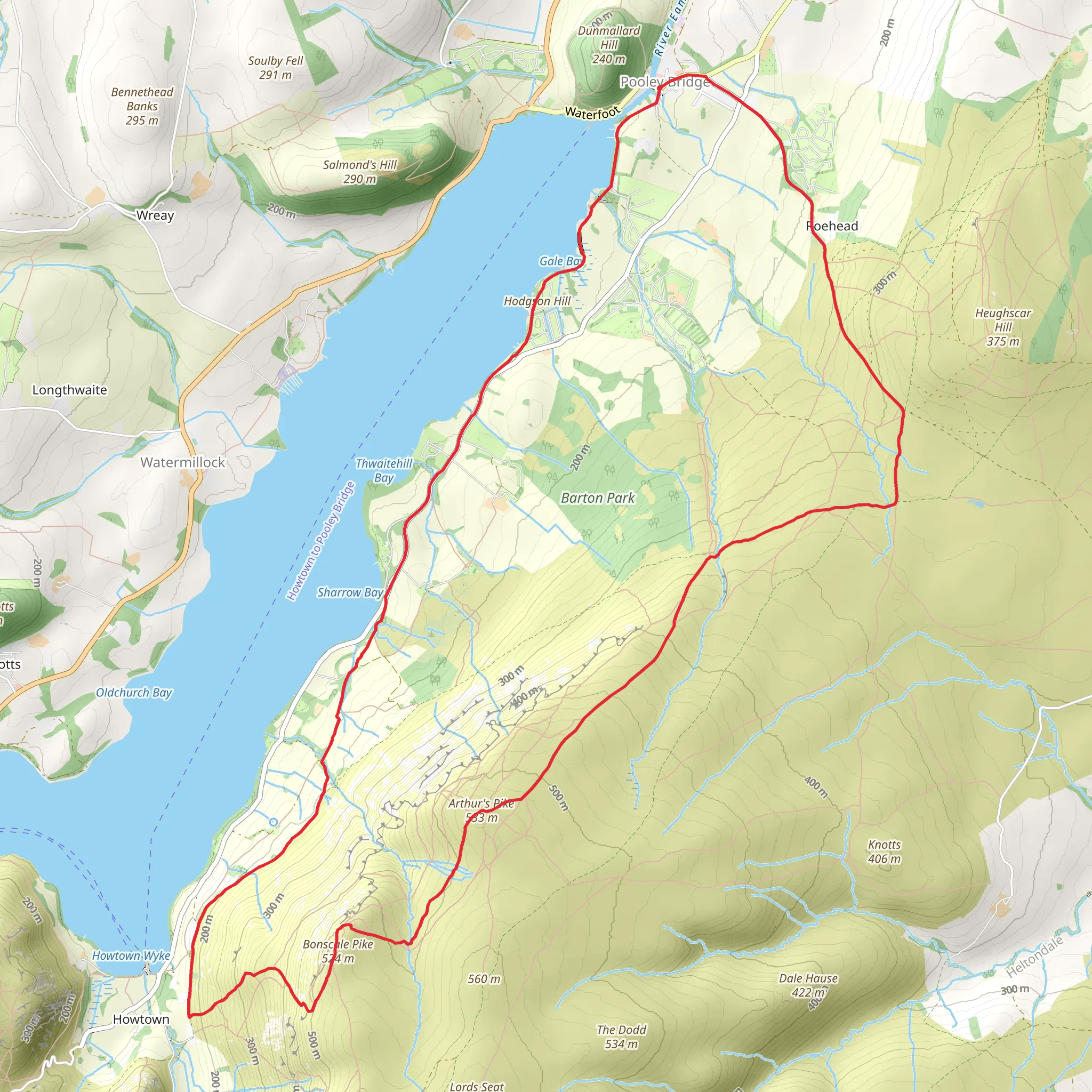 Pooley Bridge to Howtown Loop via Arthur's Pike and Bonscale Pike - Ullswater mobile static map