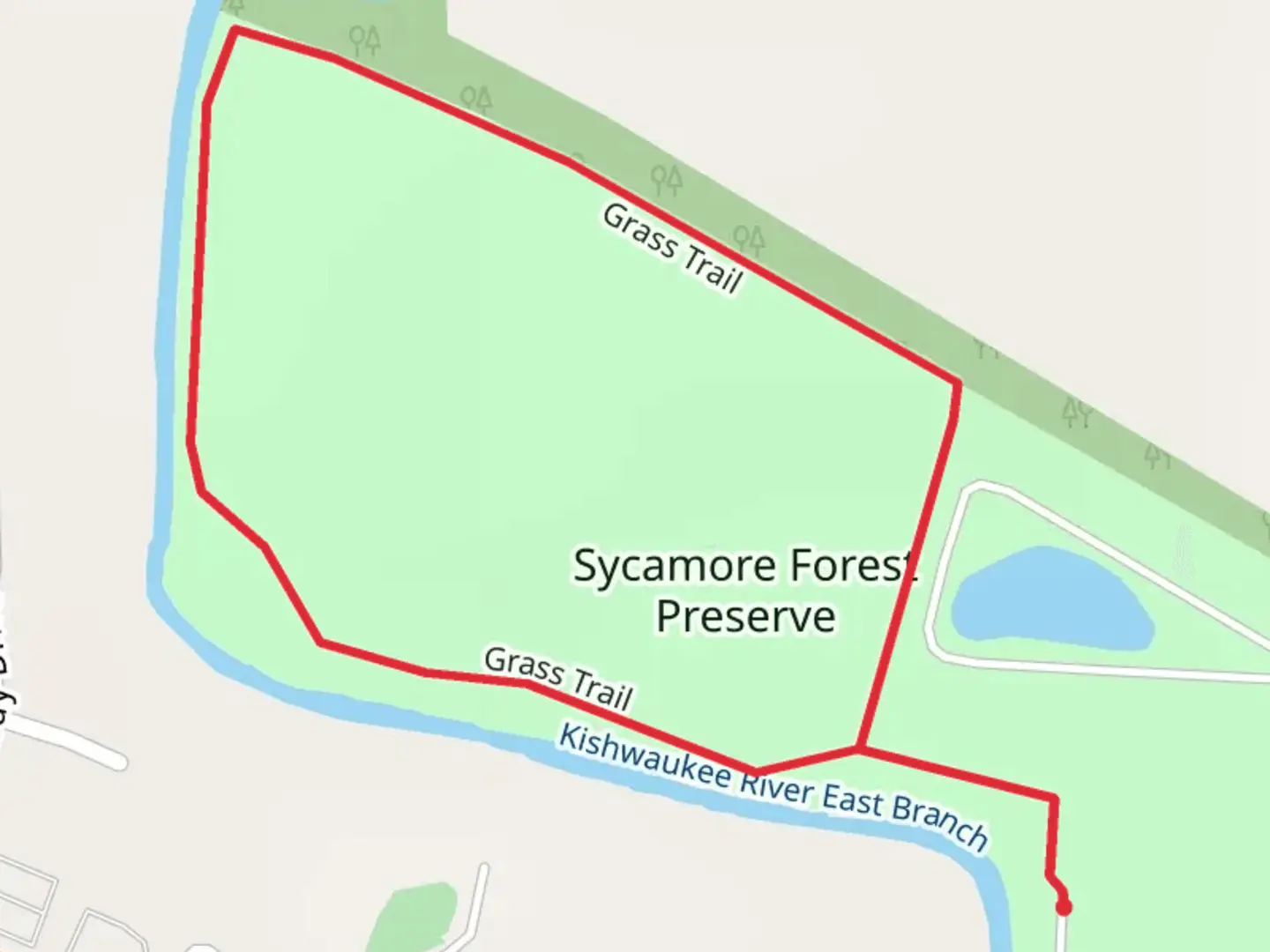An image depicting the trail Sycamore Forest Preserve Loop and its surrounding area.