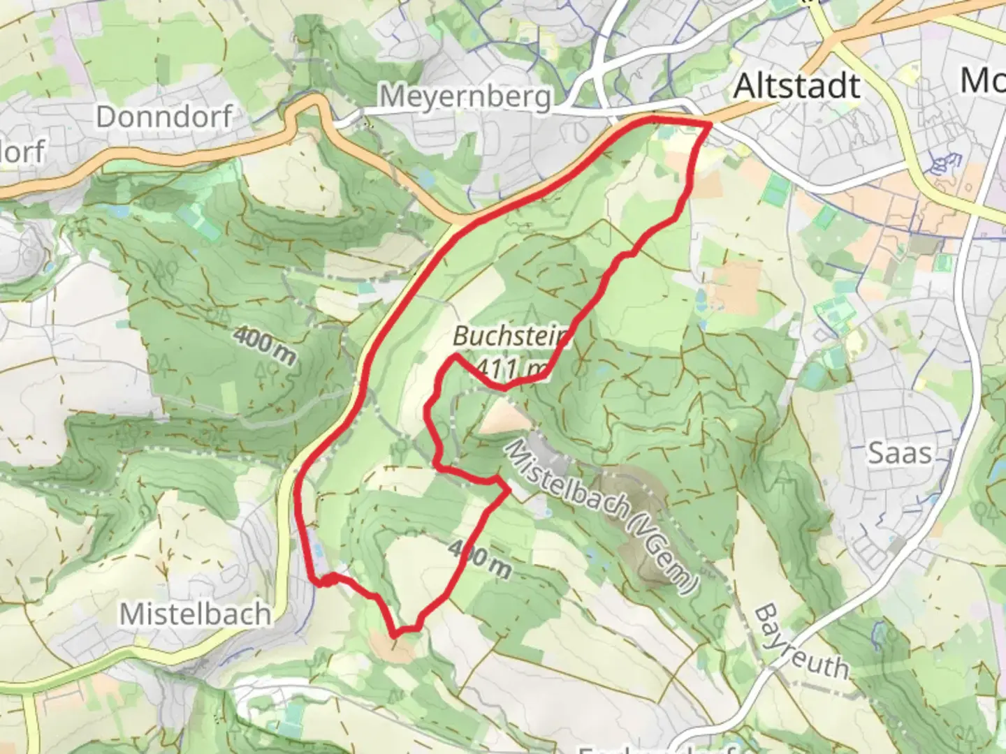 An image depicting the trail Wanderroute Jean Paul Weg and Erlangen Bayreuth Loop and its surrounding area.