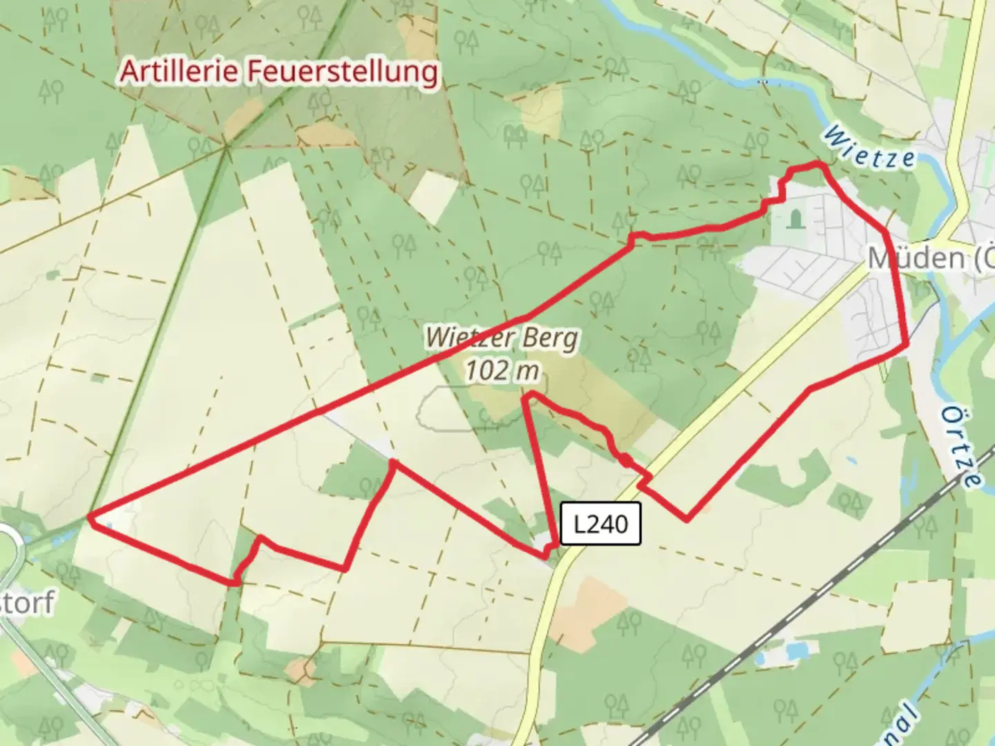 An image depicting the trail Heideschleife Mueden and its surrounding area.