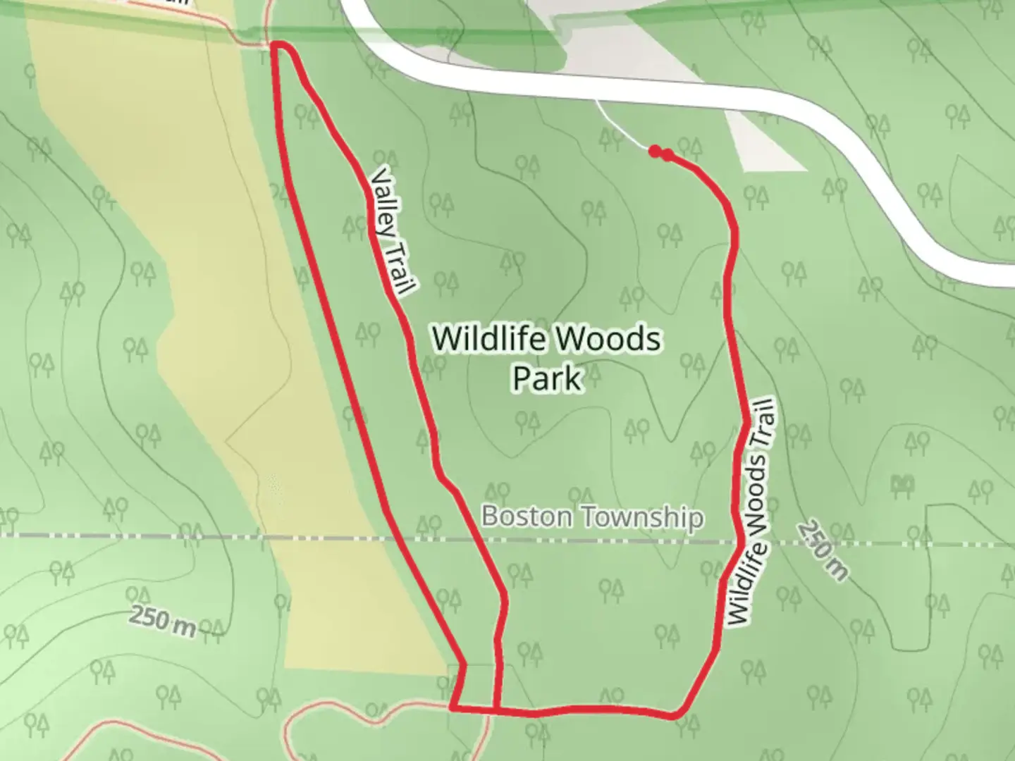 An image depicting the trail Wildlife Woods Loop and its surrounding area.