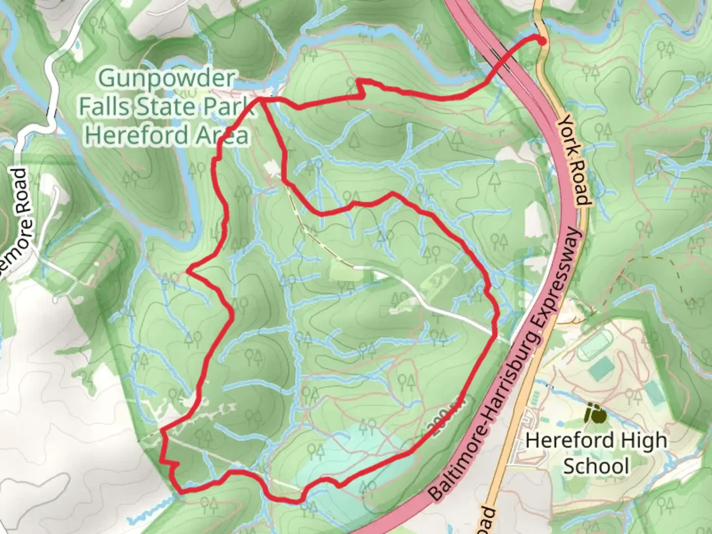 An image depicting the trail Gunpowder South and Mingo Forks Loop Trail and its surrounding area.