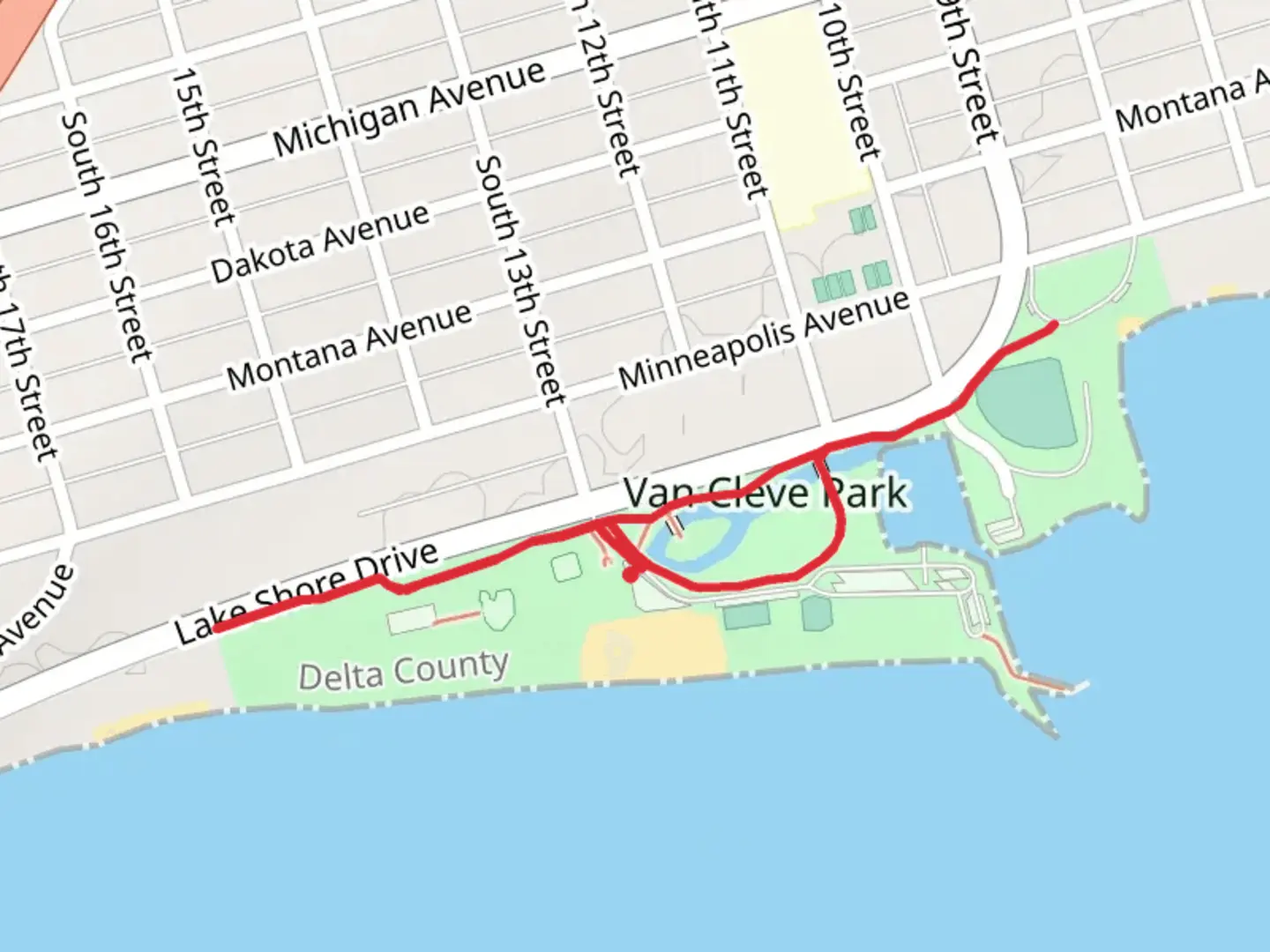 An image depicting the trail Van Cleve Park and Lakeshore and its surrounding area.