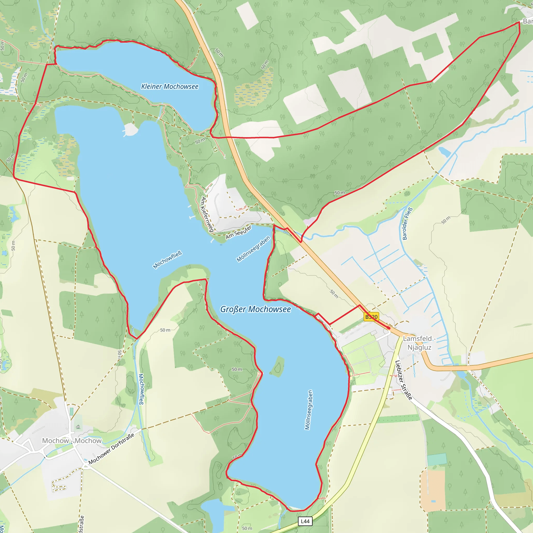 Kleiner Mochowsee and Grosser Mochowsee via Uferpfad mobile static map