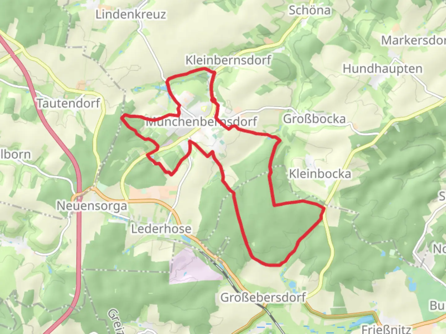 An image depicting the trail Munchenbernsdorf Loop and its surrounding area.