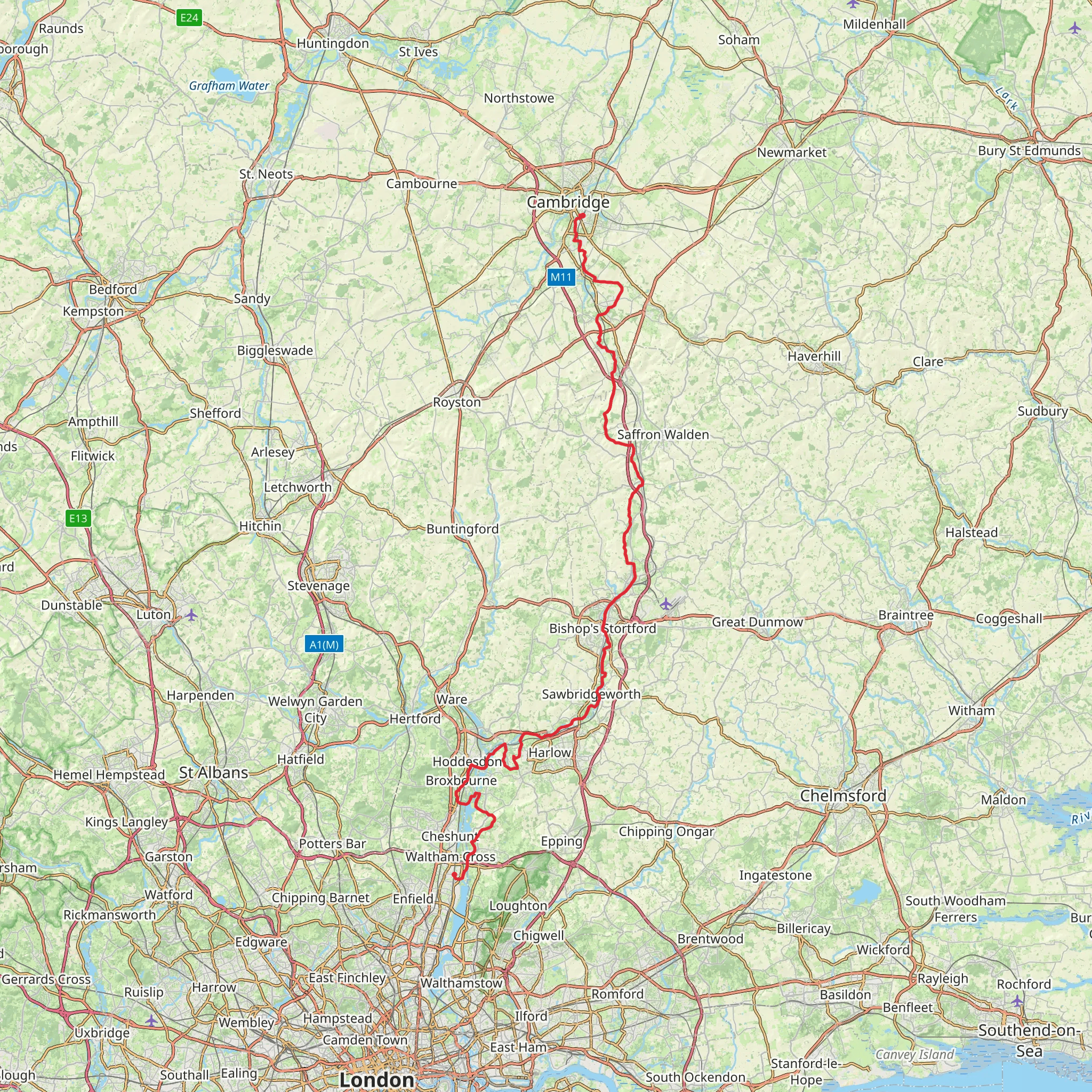 Cambridge to Enfield Station Walk mobile static map