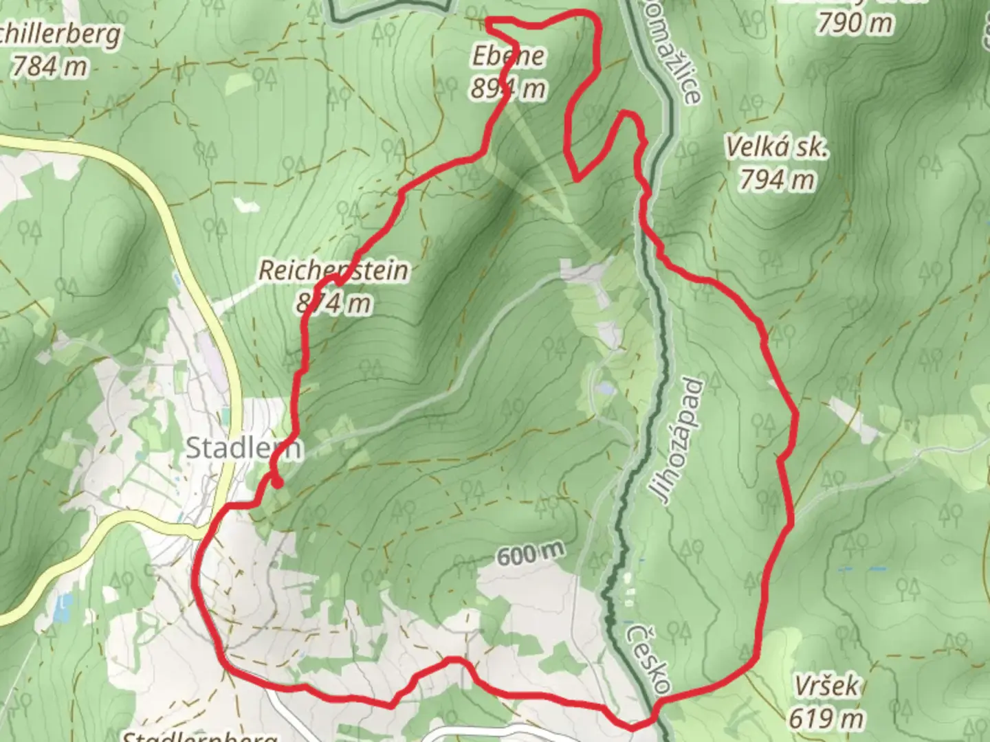 An image depicting the trail Ebene via Bayern-Boehmen Runde 1 and its surrounding area.