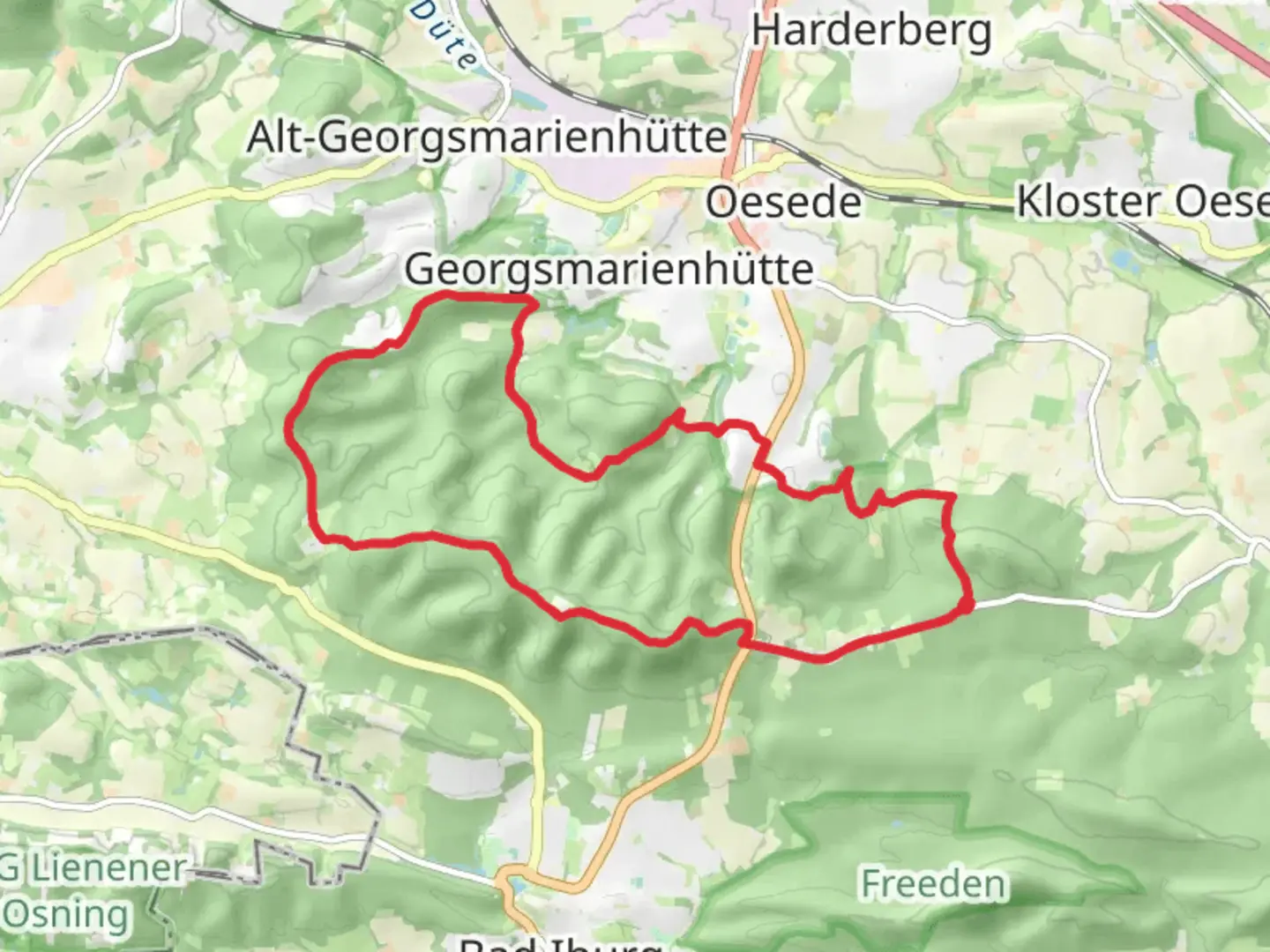 An image depicting the trail Iburgerwald Loop - Georgsmareinhutte and its surrounding area.