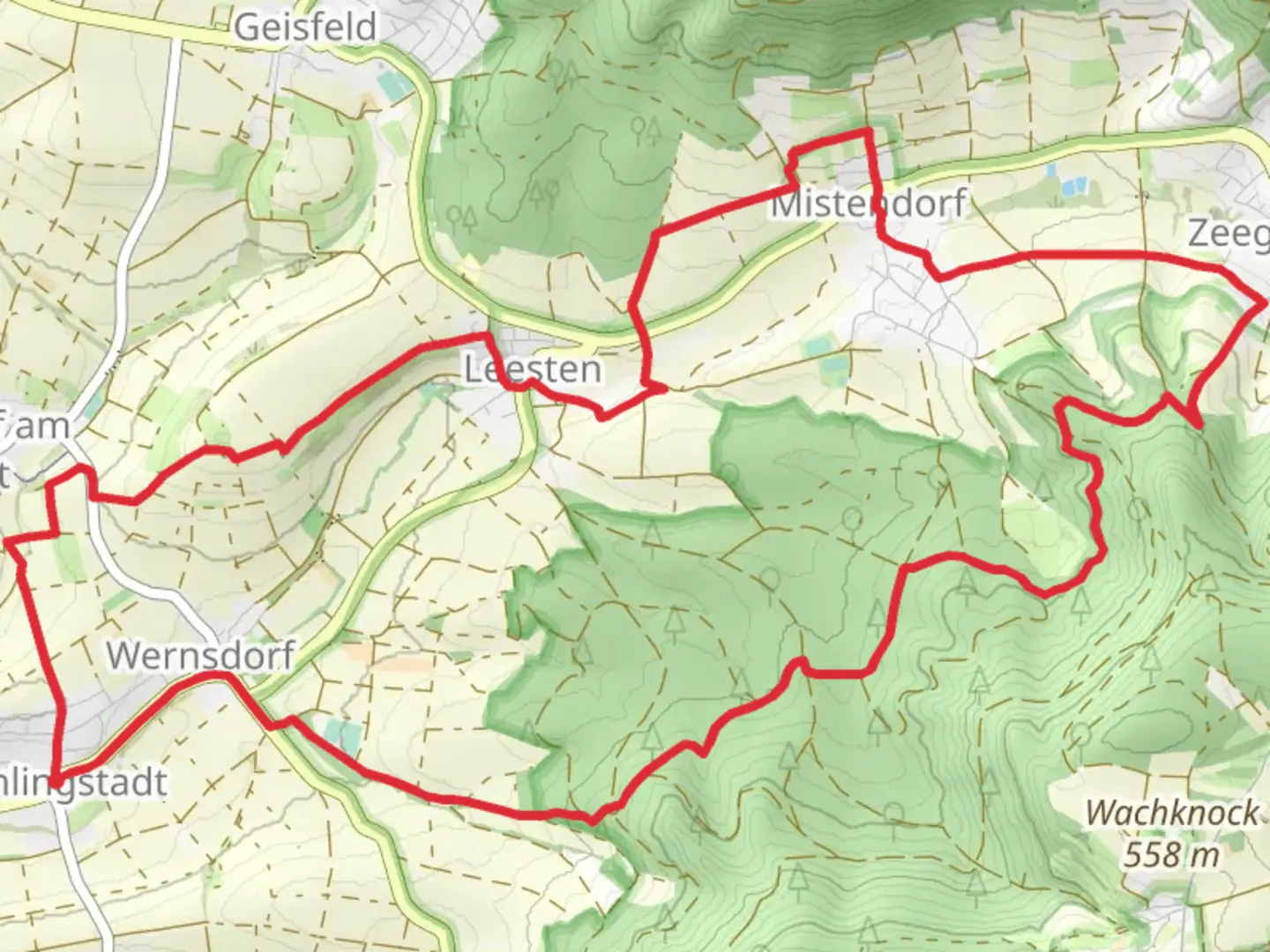 An image depicting the trail Amlingstadt and Mistendorf Loop and its surrounding area.