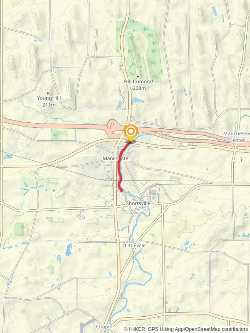 An image depicting the trail Canandaigua Outlet Creek from North Main Street and its surrounding area.