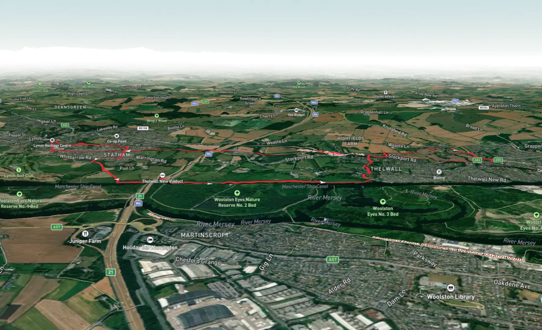 An image depicting the trail Bridgewater Canal via Trans Pennine Trail, Mersey Valley Trail and Cheshire Ring Canal Walk and its surrounding area.