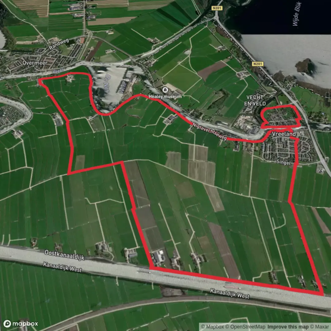 An image depicting the trail De Nes and Polder Voorburg Loop and its surrounding area.