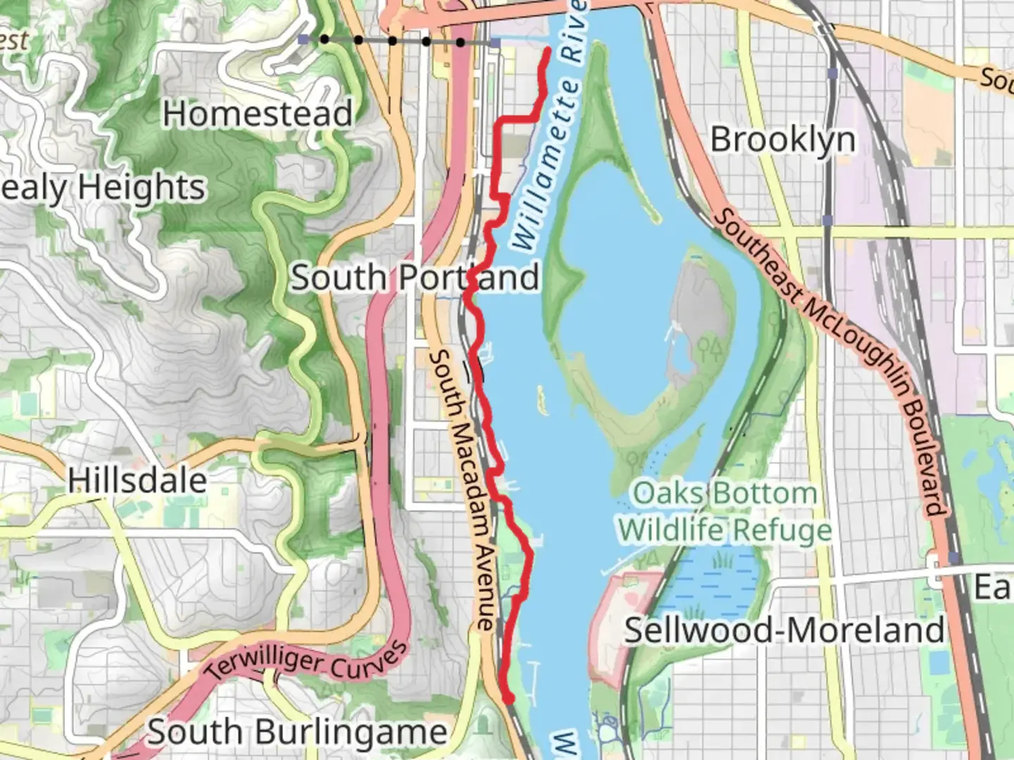 An image depicting the trail Willamette River via Willamette Greenway Trail and its surrounding area.