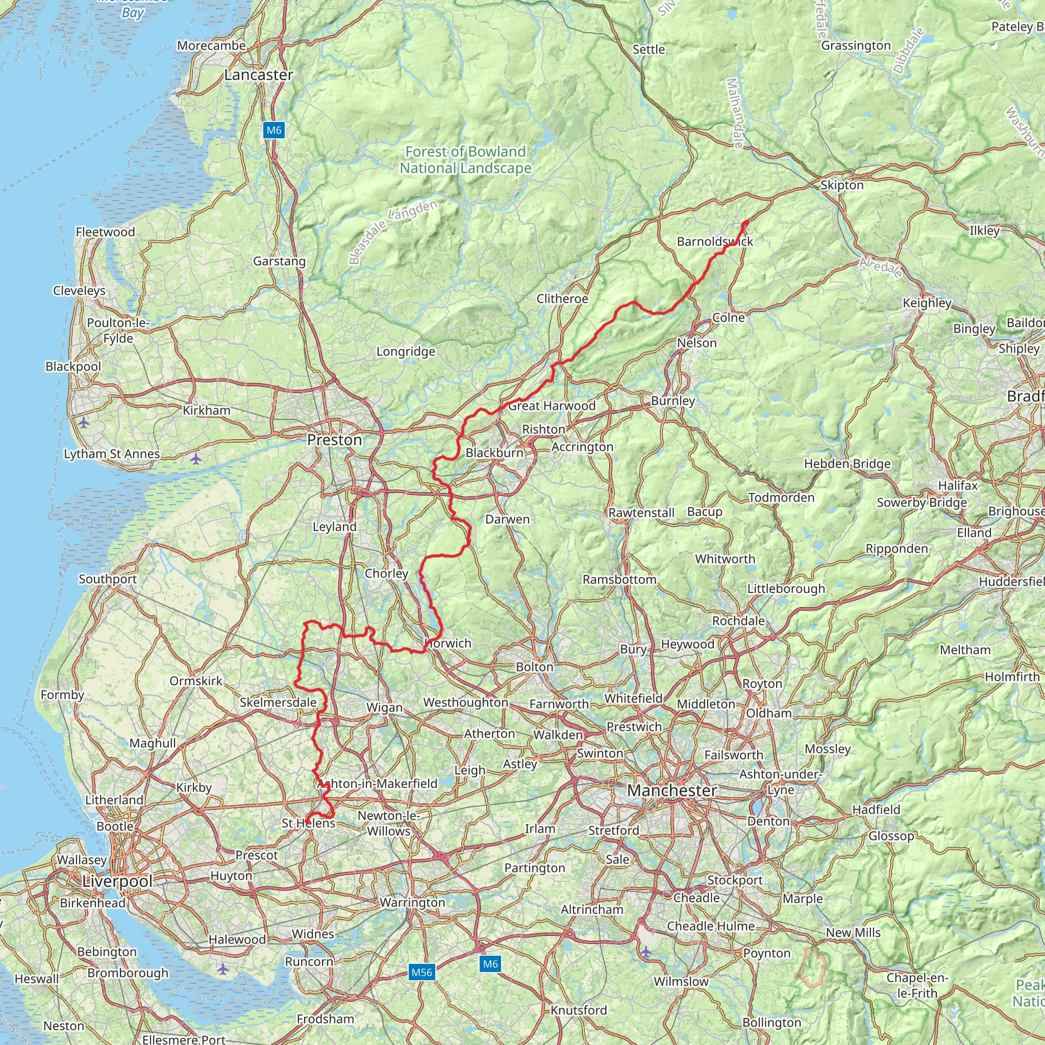St Helens to Thornton-in-Craven in Lancashire mobile static map