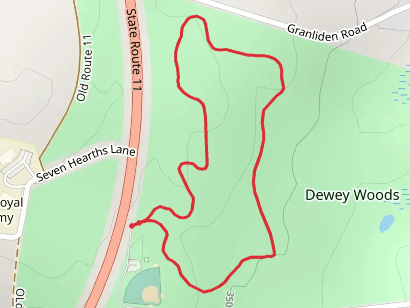 An image depicting the trail Dewey Woods Park Loop Trail and its surrounding area.