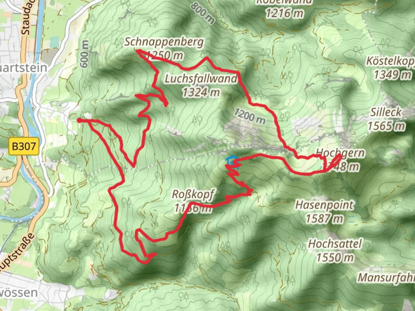An image depicting the trail Robkopf to Weitalm and Hochgern Loop and its surrounding area.