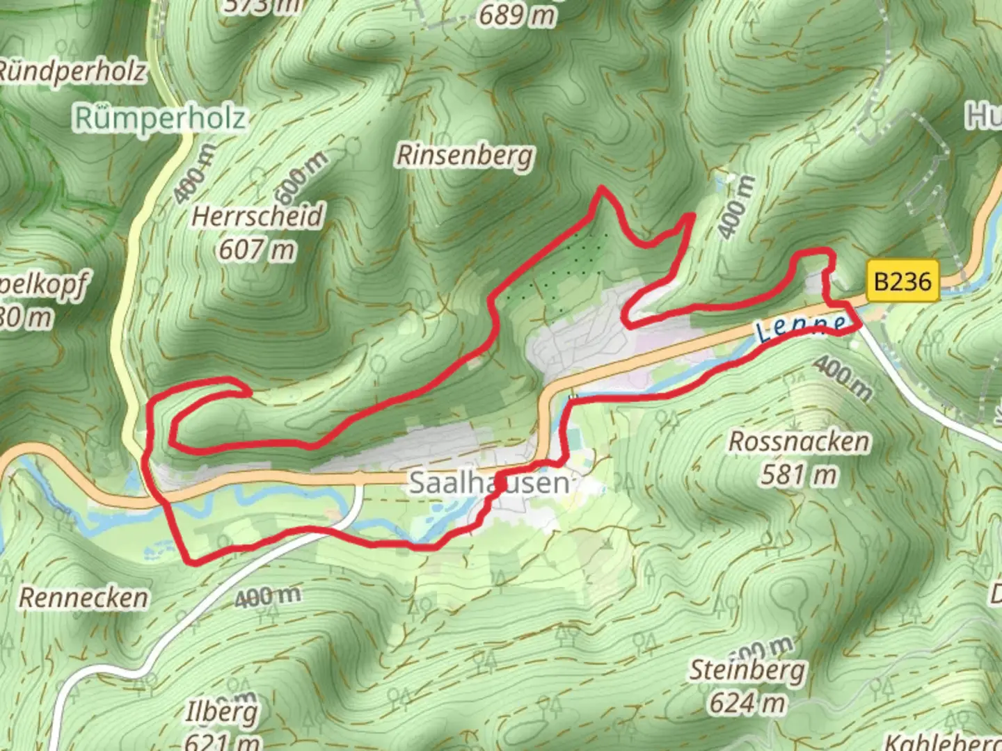 An image depicting the trail Saalhauser Rundwanderweg and Rennackenweg and its surrounding area.