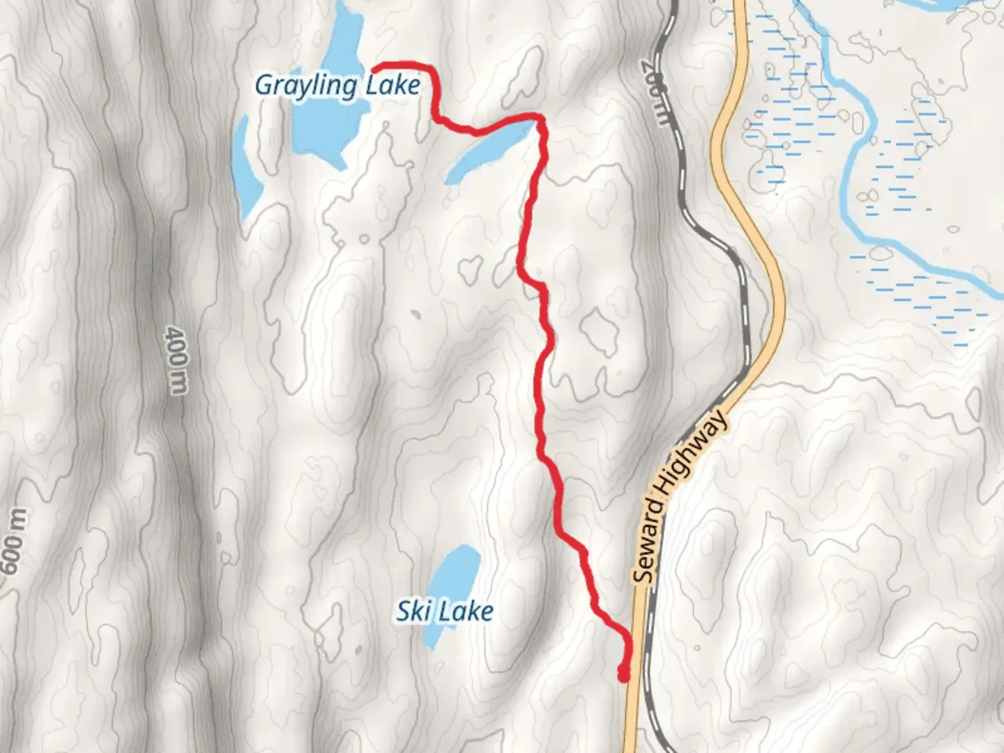 An image depicting the trail Grayling Lake via Meridian Lakes Trail and its surrounding area.