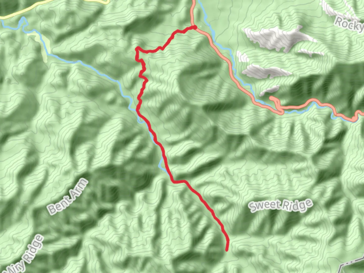 An image depicting the trail Three Forks via Huskey Gap Trail and its surrounding area.
