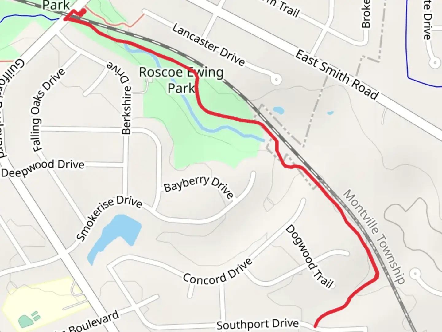 An image depicting the trail Roscoe Ewing Park and its surrounding area.