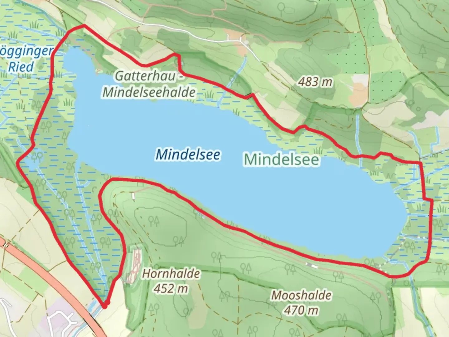 An image depicting the trail Mindelsee Loop via Bodensee Rundwanderweg and its surrounding area.