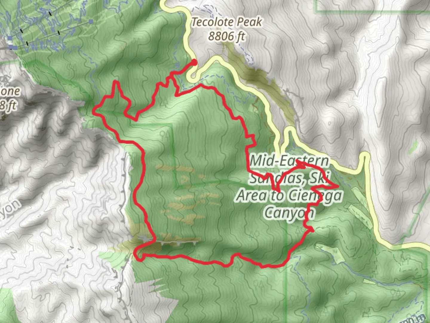 An image depicting the trail Cienega Trail, South Crest Trail and Oso Corredor Trail Loop and its surrounding area.