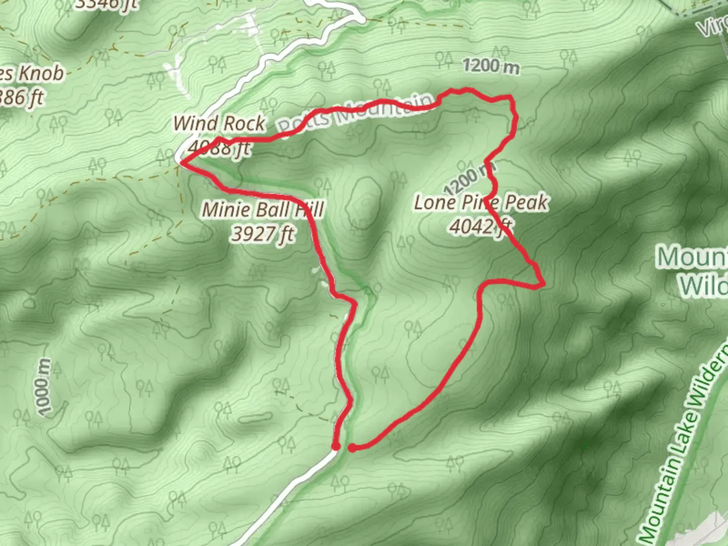 An image depicting the trail Mountain Lake and Salt Sulphur Springs Turnpike, Wind Rock and War Spur Connector Loop Trail and its surrounding area.