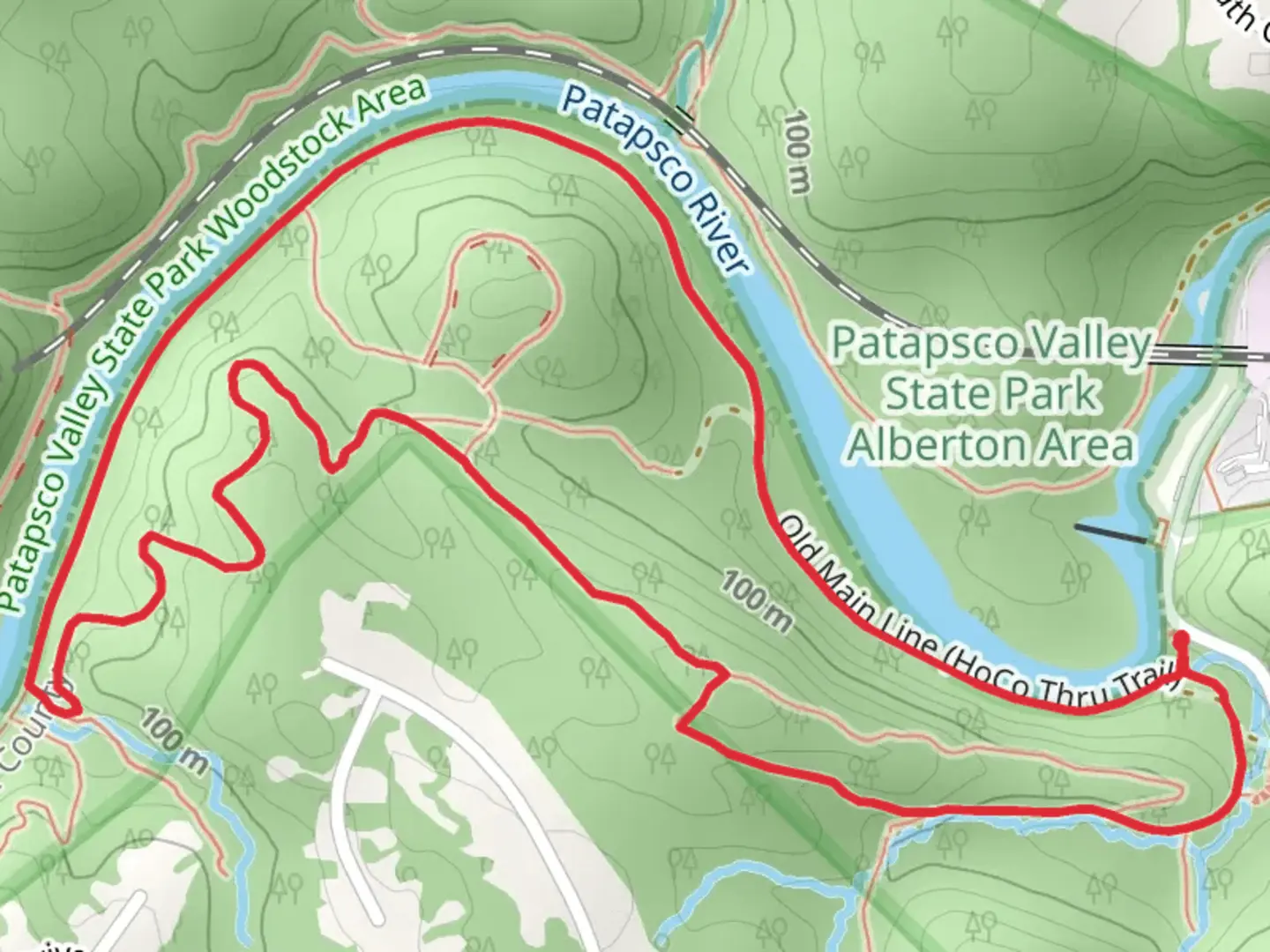 An image depicting the trail Daniels Singletrack and HoCo Thru Loop Trail and its surrounding area.