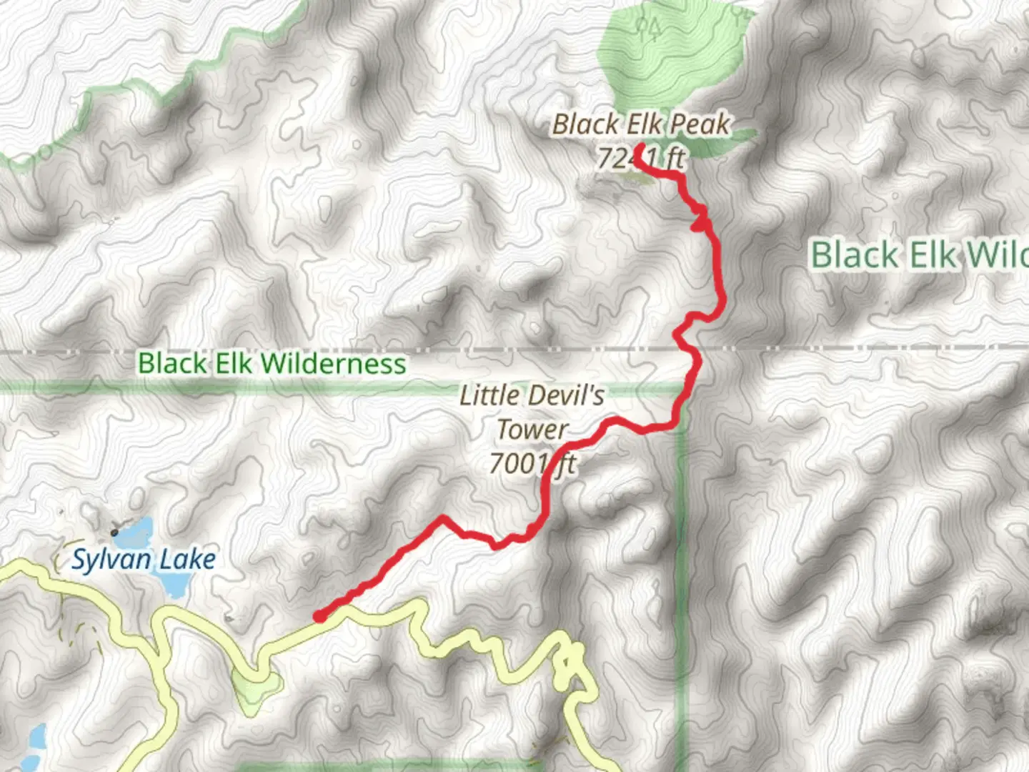 An image depicting the trail Black Elk Peak via Little Devil's Tower Trail and its surrounding area.