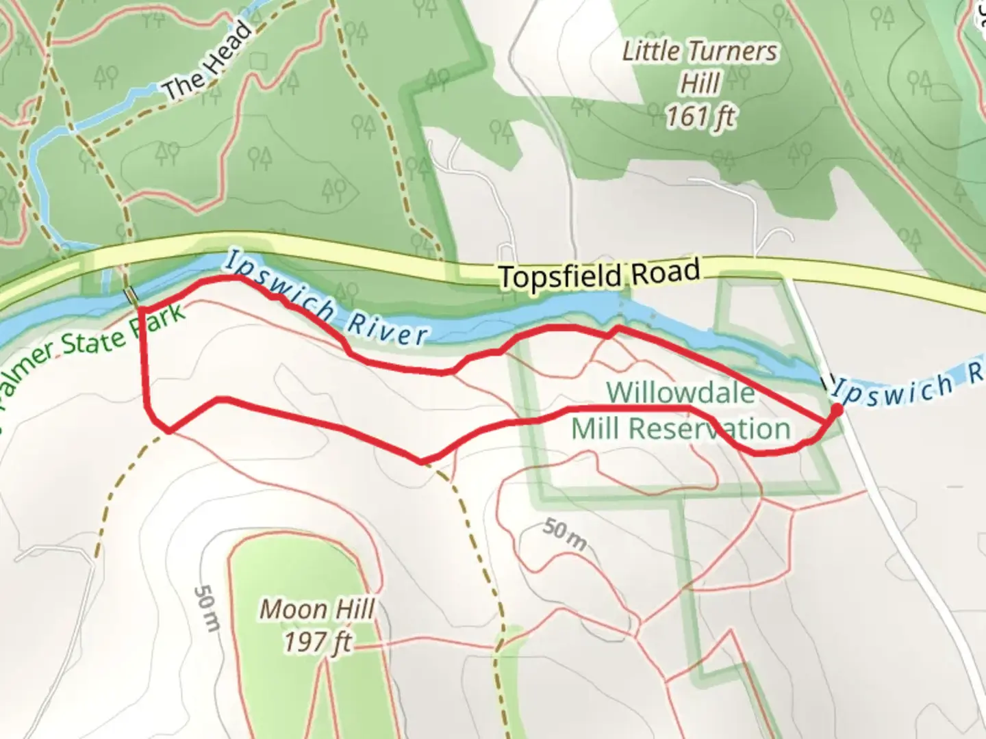 An image depicting the trail Willowdale Mill Reservation Loop Trail and its surrounding area.