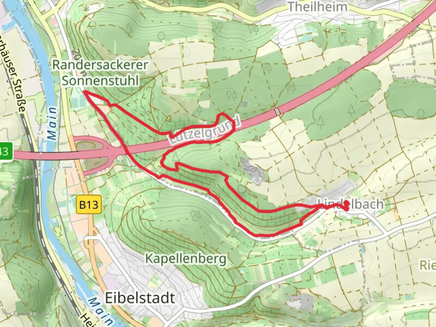 An image depicting the trail Eibelstadt-Kitzingen and Randersacker R1 and its surrounding area.