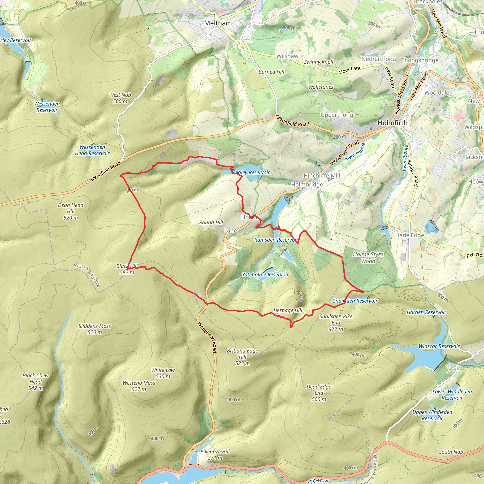 Holme - Digley Reservoir - Black Hill - Holme Moss and Ramsden Clough mobile static map