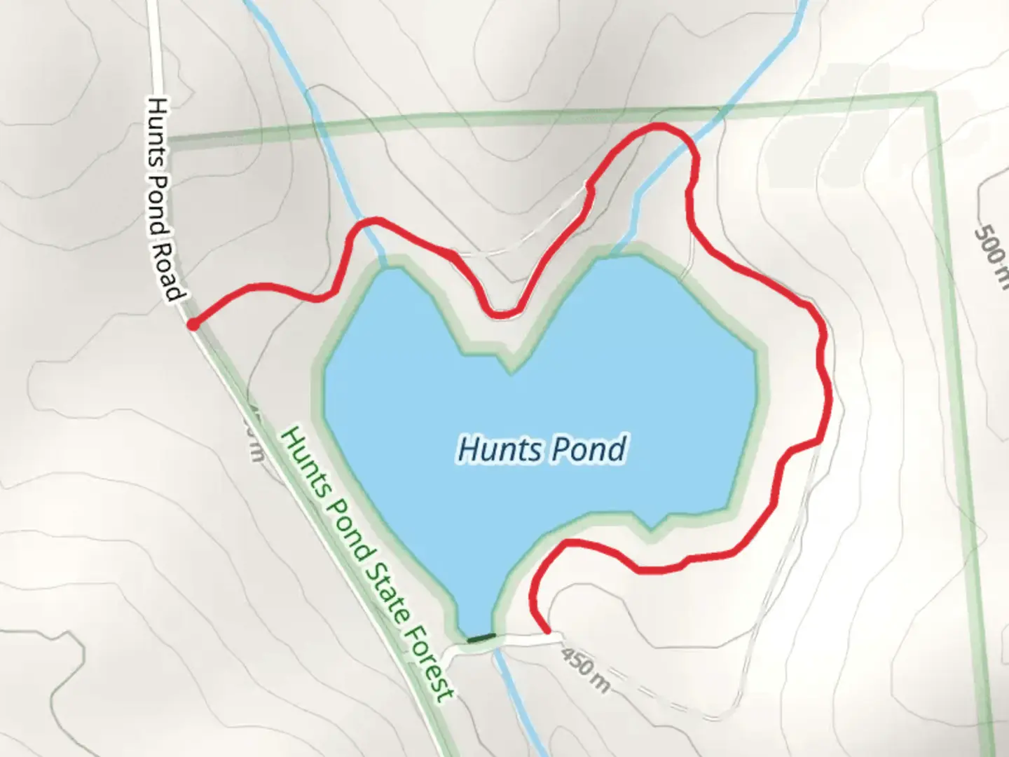 An image depicting the trail Hunts Pond State Park Loop and its surrounding area.