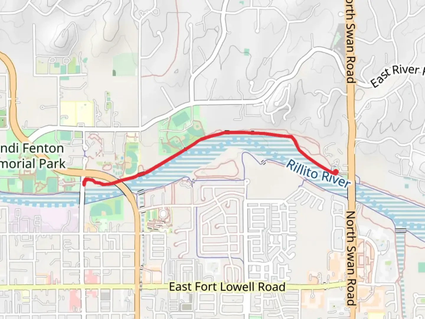 An image depicting the trail Rillito River Path from North Swan Road and its surrounding area.