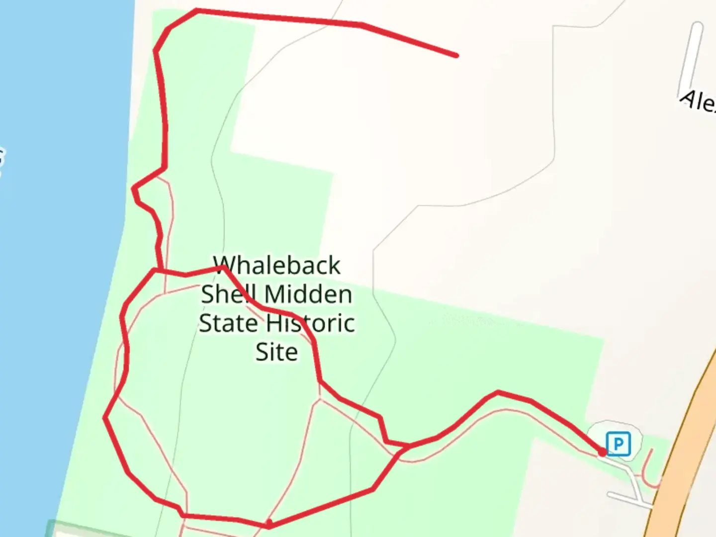An image depicting the trail Whaleback Shell Midden Loop and its surrounding area.
