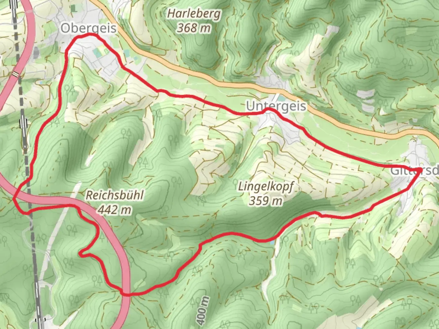 An image depicting the trail Gittersdorf to Obergeis Loop via Sandruck and its surrounding area.