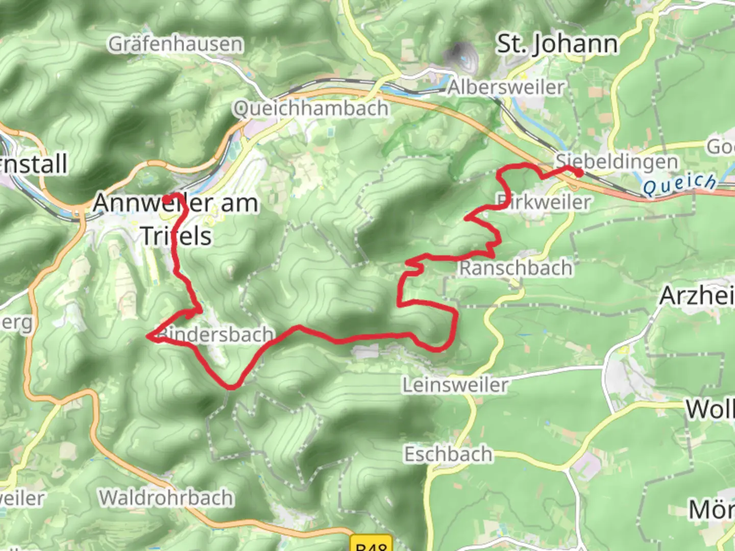 An image depicting the trail Birkweiler to Annweiler am Trifels Walk and its surrounding area.
