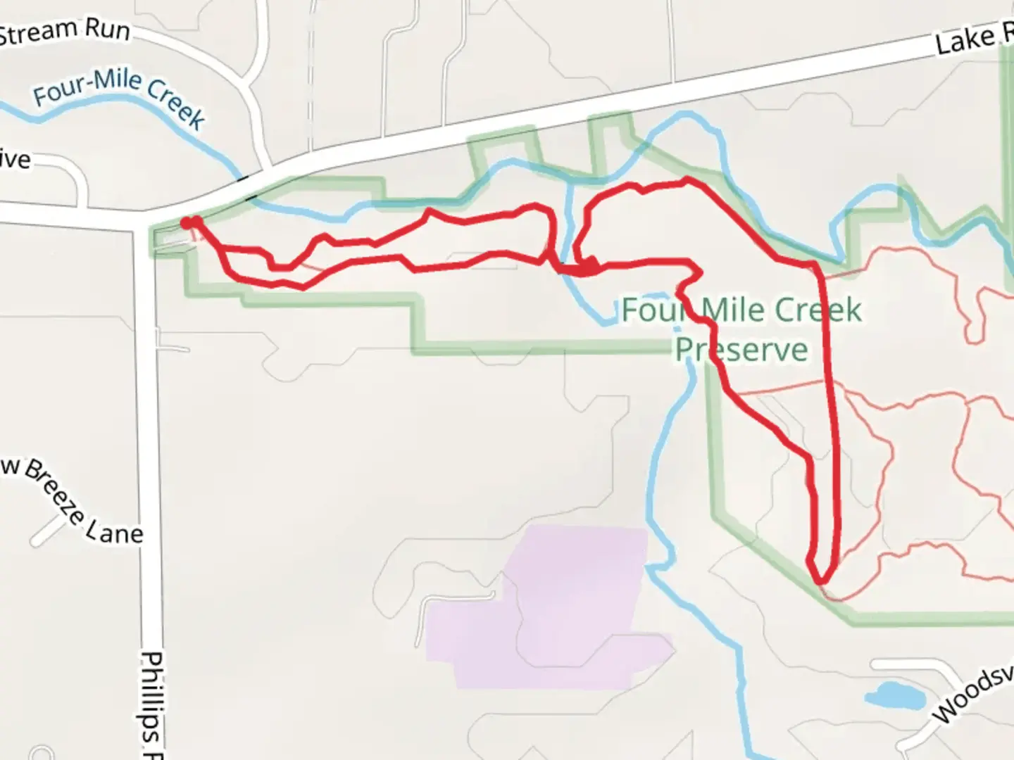 An image depicting the trail Four Mile Creek Loop and its surrounding area.