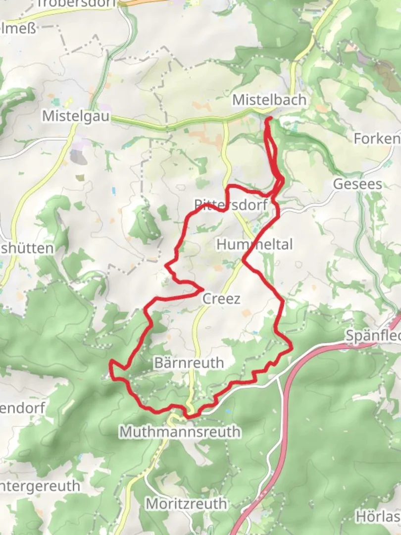 An image depicting the trail Mistelbach and Hummeltal Loop and its surrounding area.