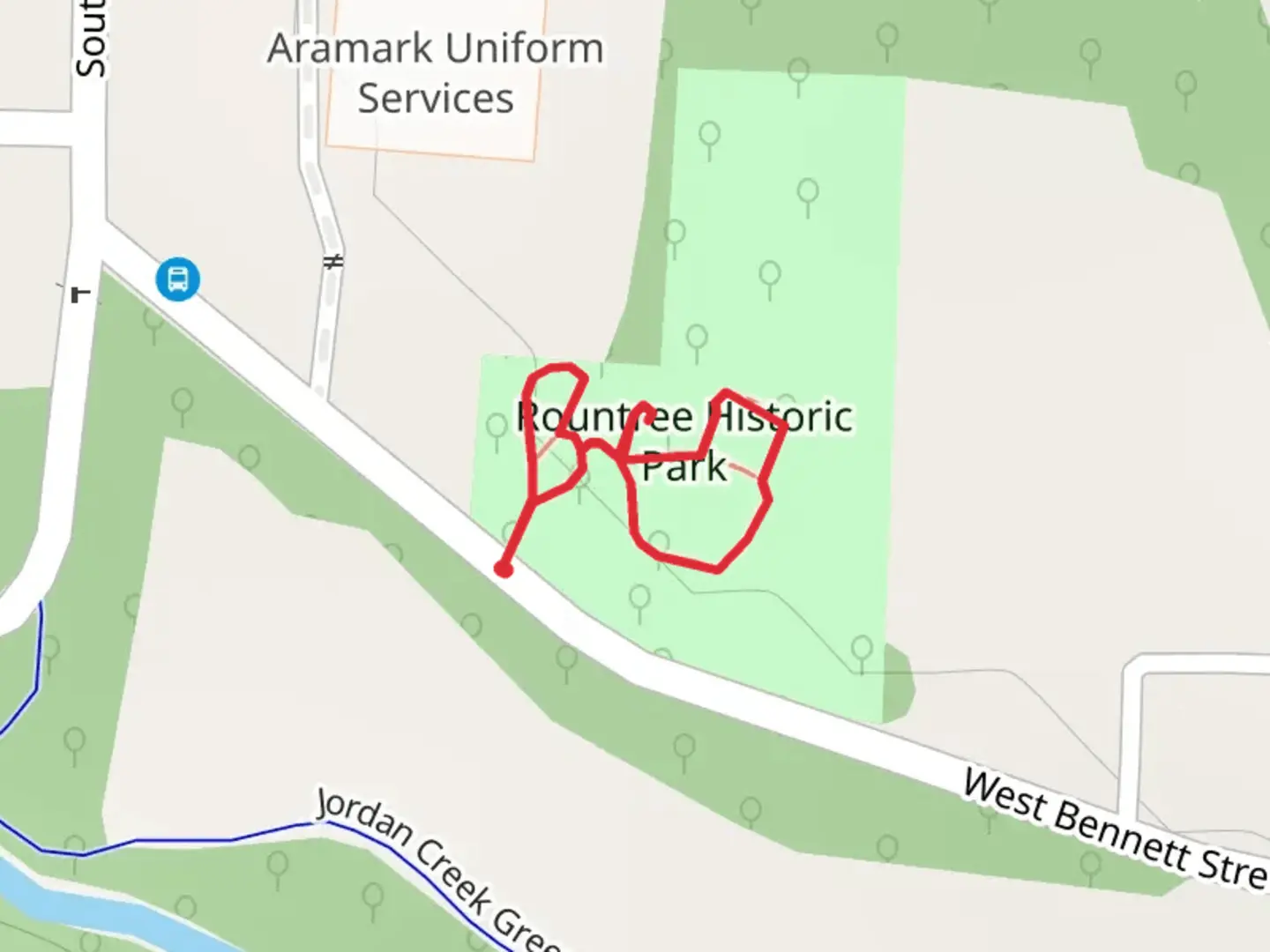 An image depicting the trail Rountree Historic Park Loop and its surrounding area.