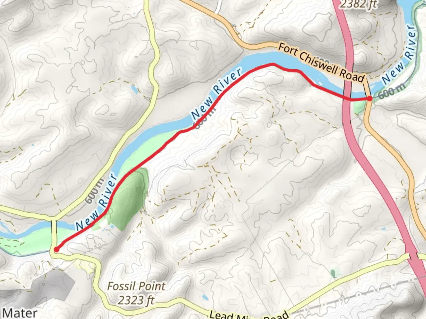 An image depicting the trail New River Trail from Fort Chiswell Road and its surrounding area.