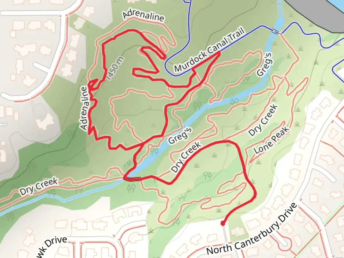 An image depicting the trail Dry Creek and Adrenaline Loop and its surrounding area.