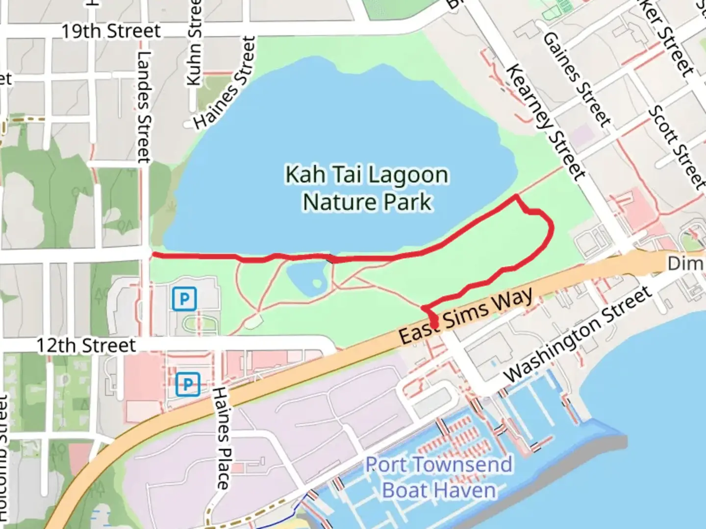 An image depicting the trail Kah Tai Lagoon South Shore Walk and its surrounding area.
