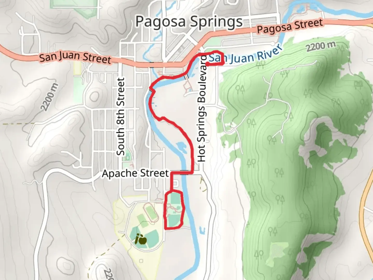 An image depicting the trail Yamaguchi Park - Pagosa Wetlands and San Juan Riverwalk and its surrounding area.