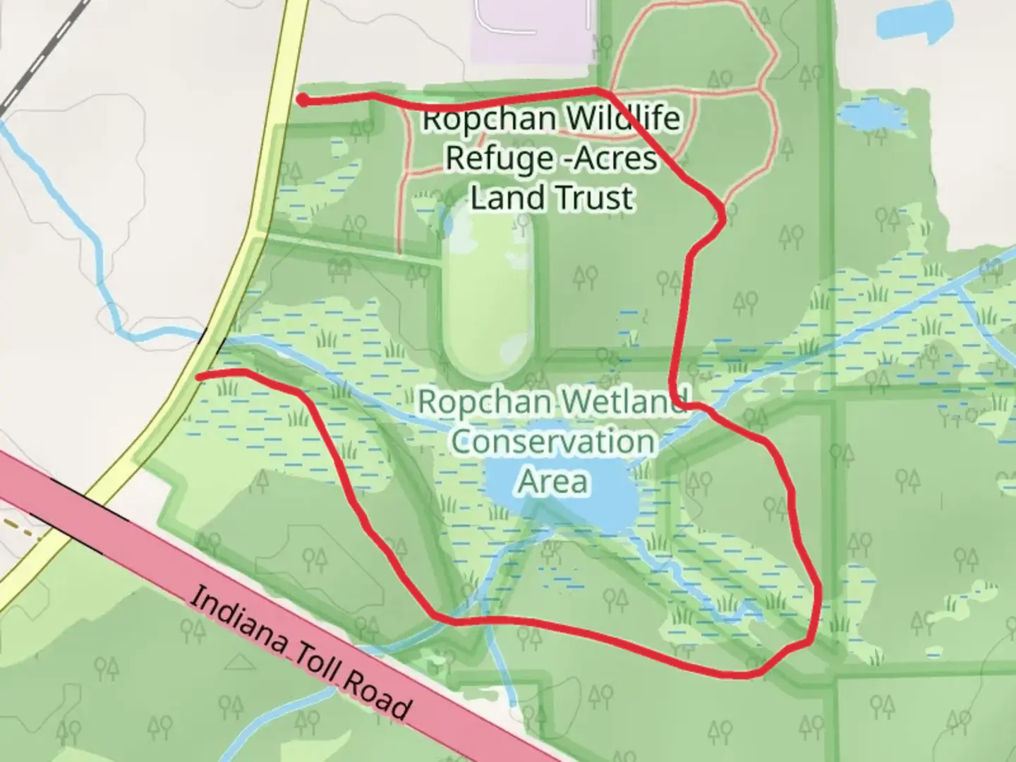 An image depicting the trail Horseshoe walk around Cemetery Lake and its surrounding area.