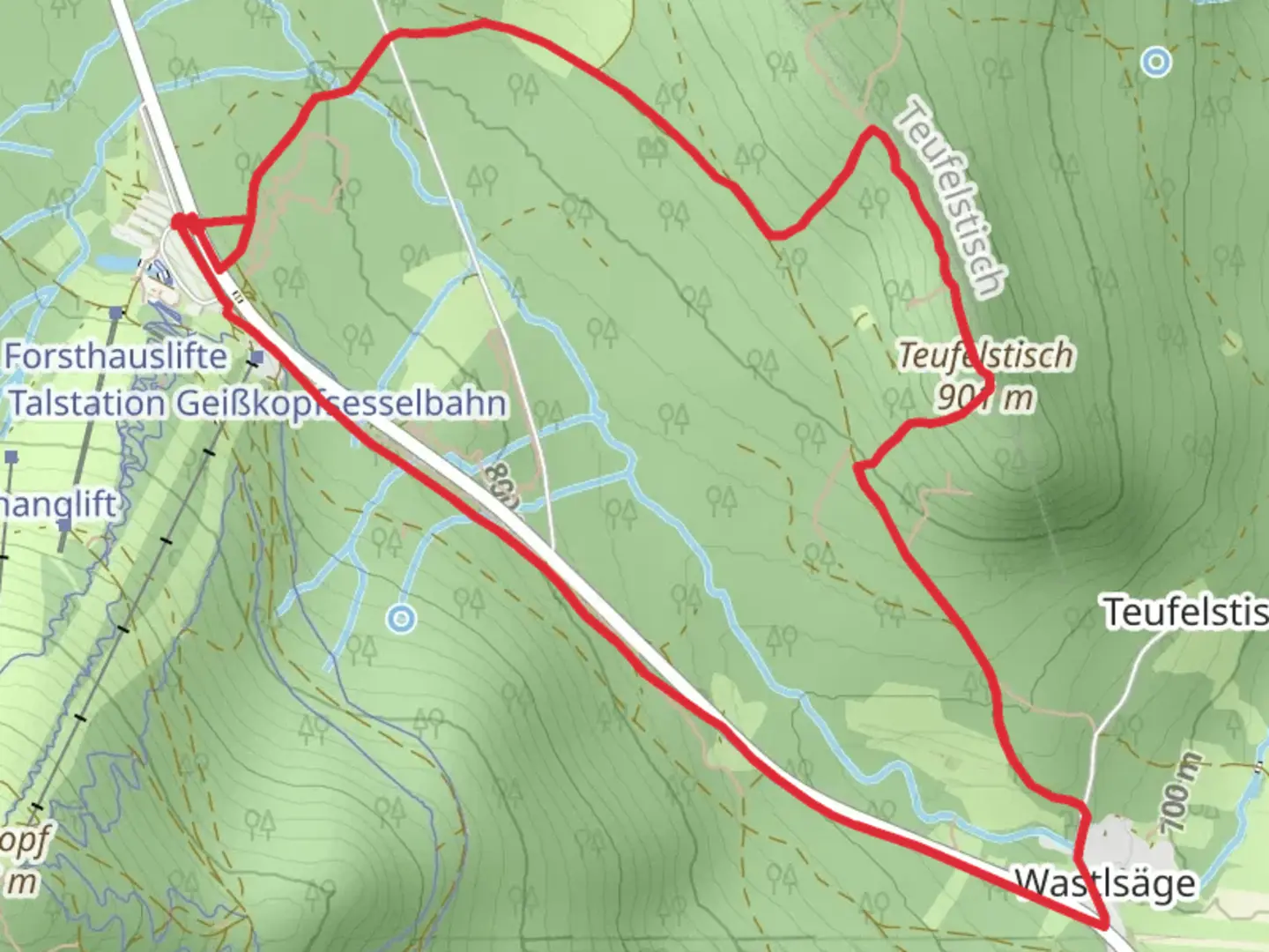 An image depicting the trail Teufelstisch via Bischofsmais and its surrounding area.