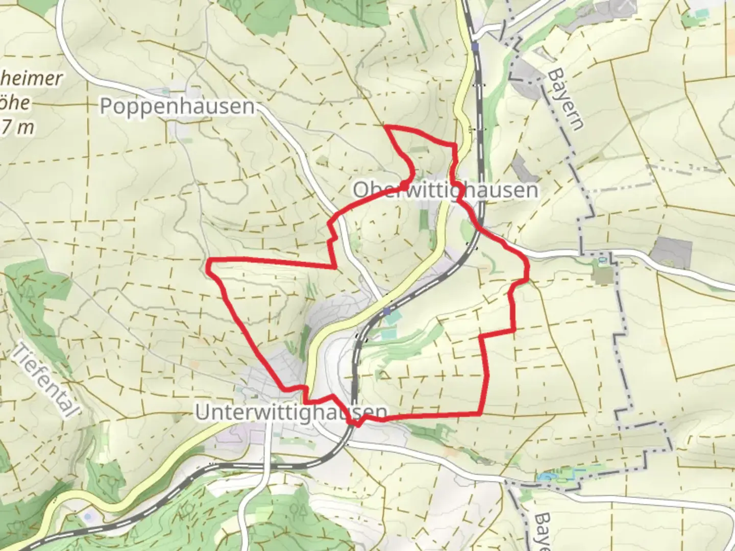 An image depicting the trail Bildstockweg Wittighausen and its surrounding area.